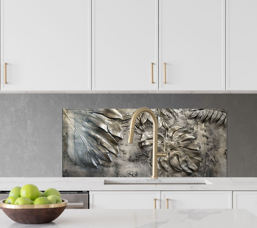 Silver Monstera Leaf - Glass Kitchen Backsplash-BacksplashArtworks