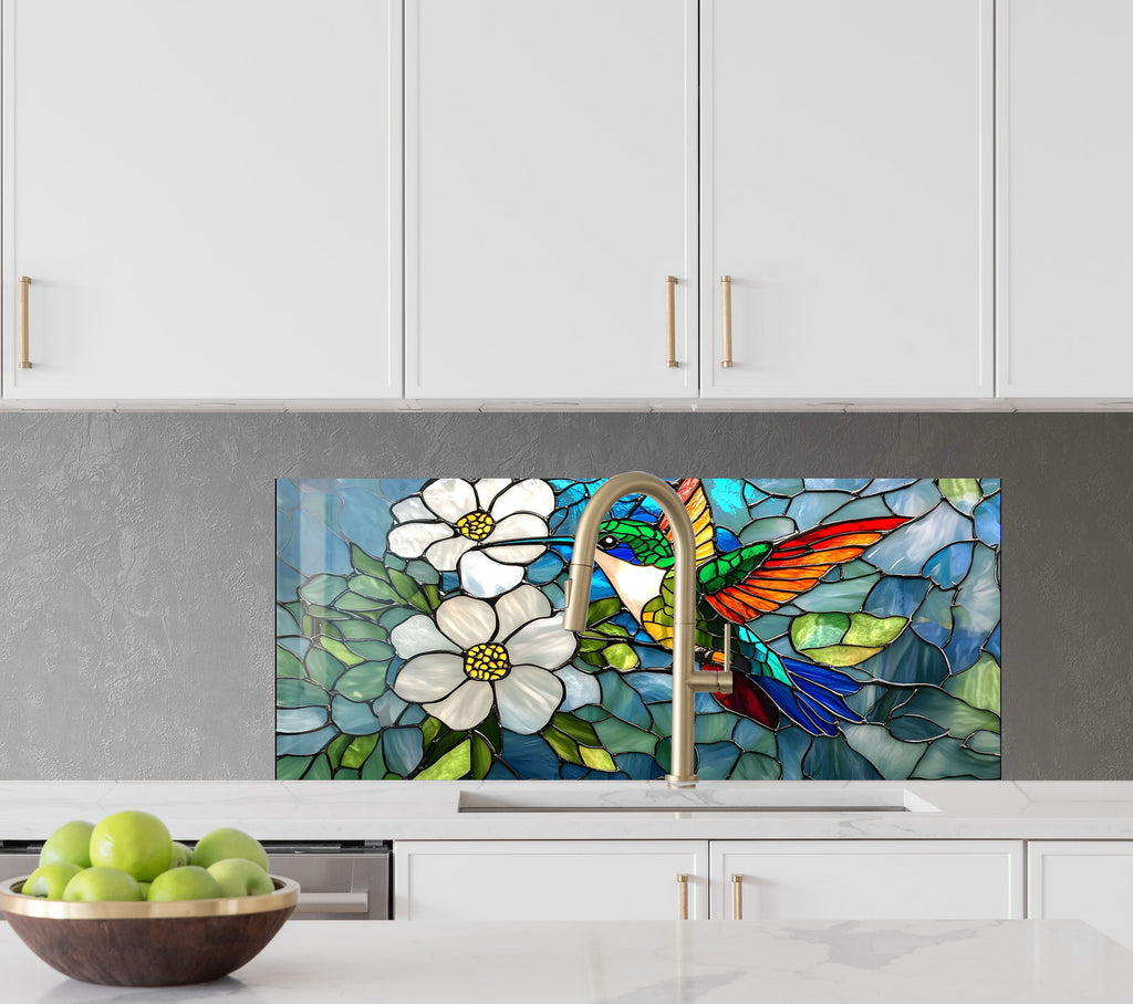 Stained Glass Hummingbird - Tempered Glass Kitchen Backsplash-BacksplashArtworks