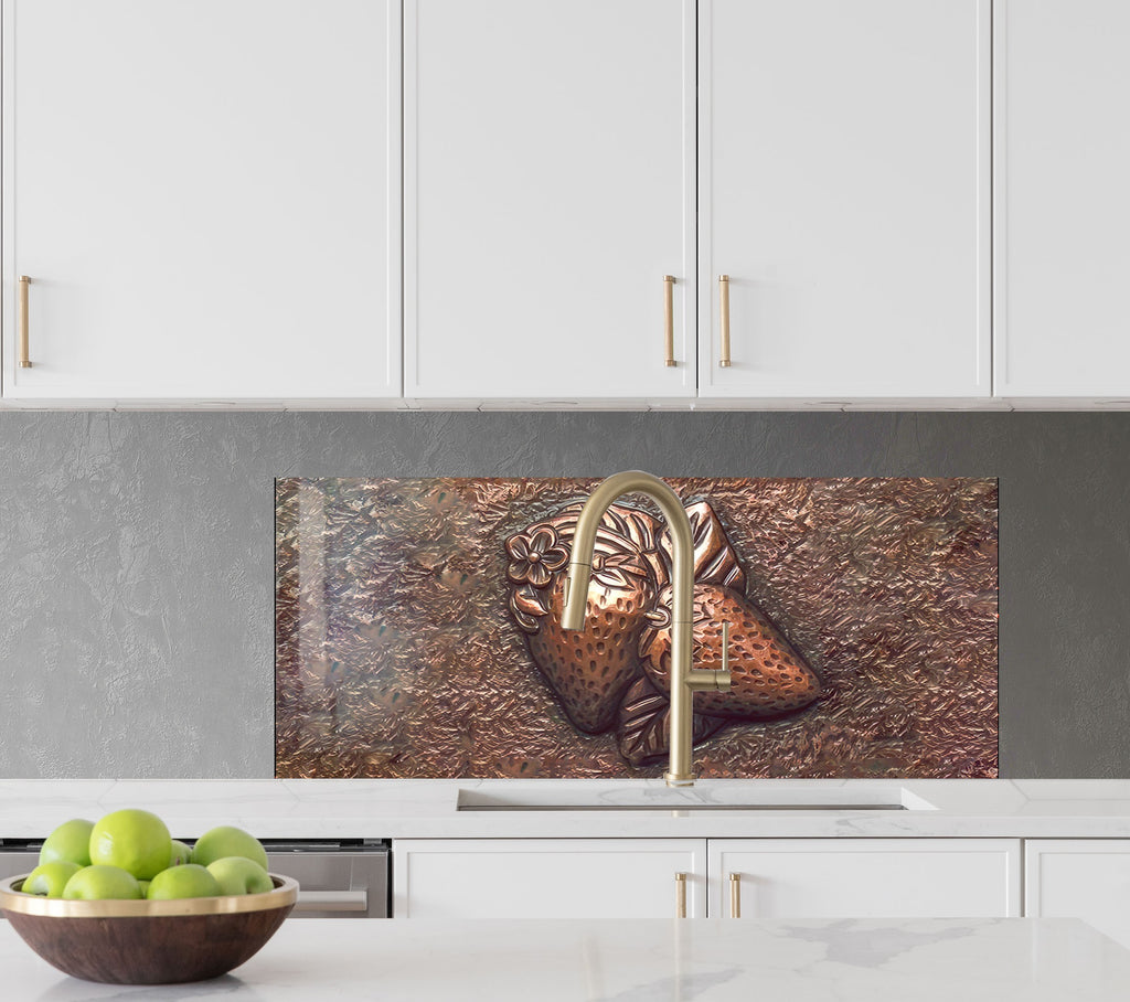 Elegant Strawberry Glass Kitchen Backsplash – Metallic Fruit Design-BacksplashArtworks
