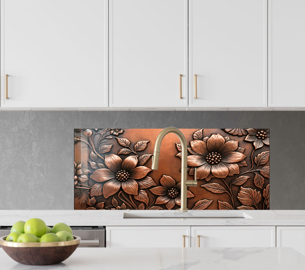 Antique Copper Floral - Glass Kitchen Backsplash-BacksplashArtworks