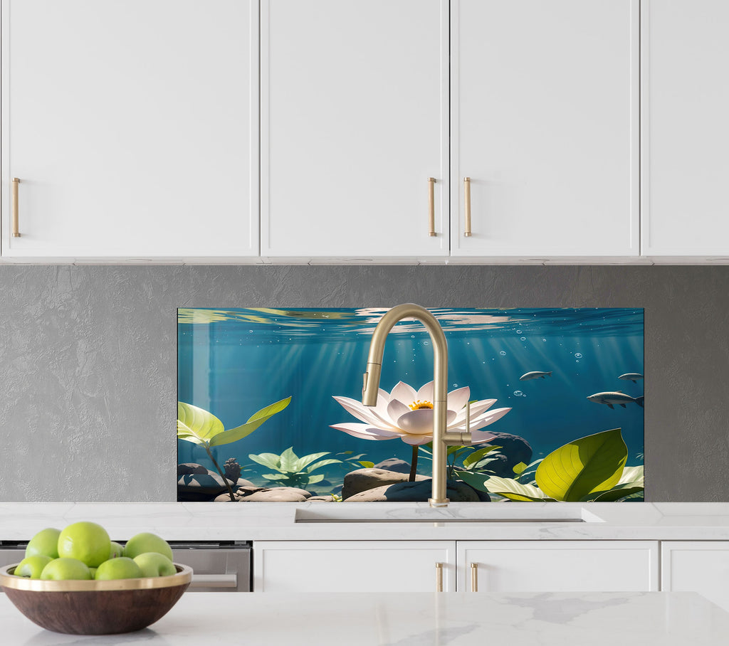 Tranquil Lotus Pond - Glass Kitchen Backsplash-BacksplashArtworks