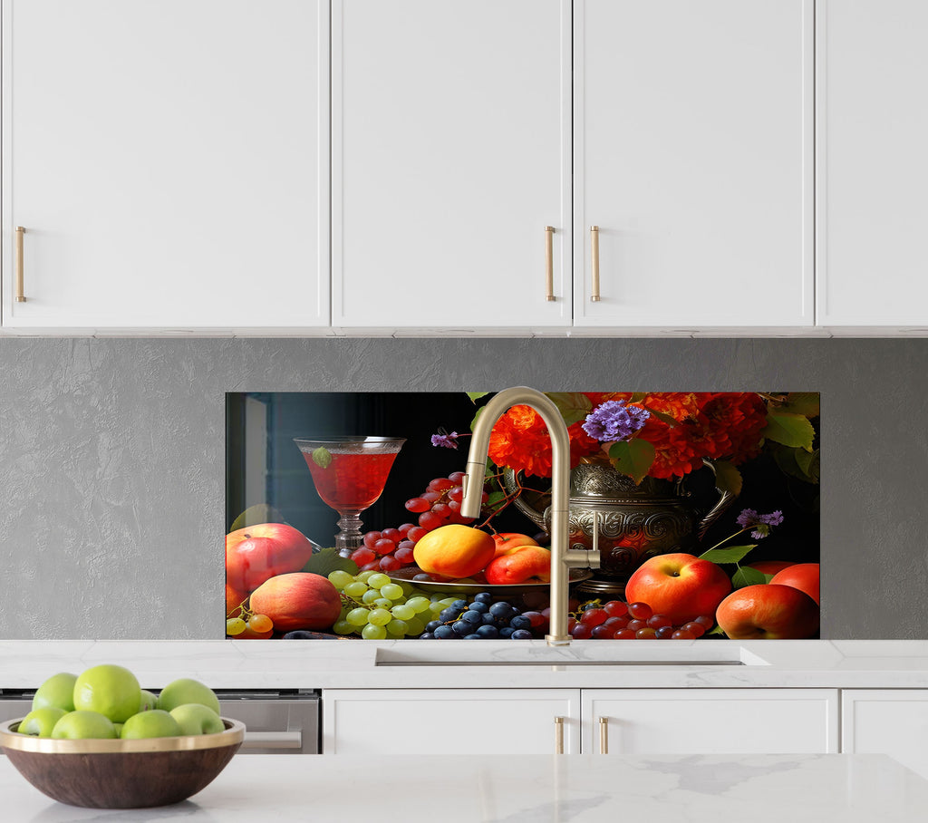 Elegant Fruit & Wine Glass Kitchen Backsplash – Vintage Harvest Design-BacksplashArtworks