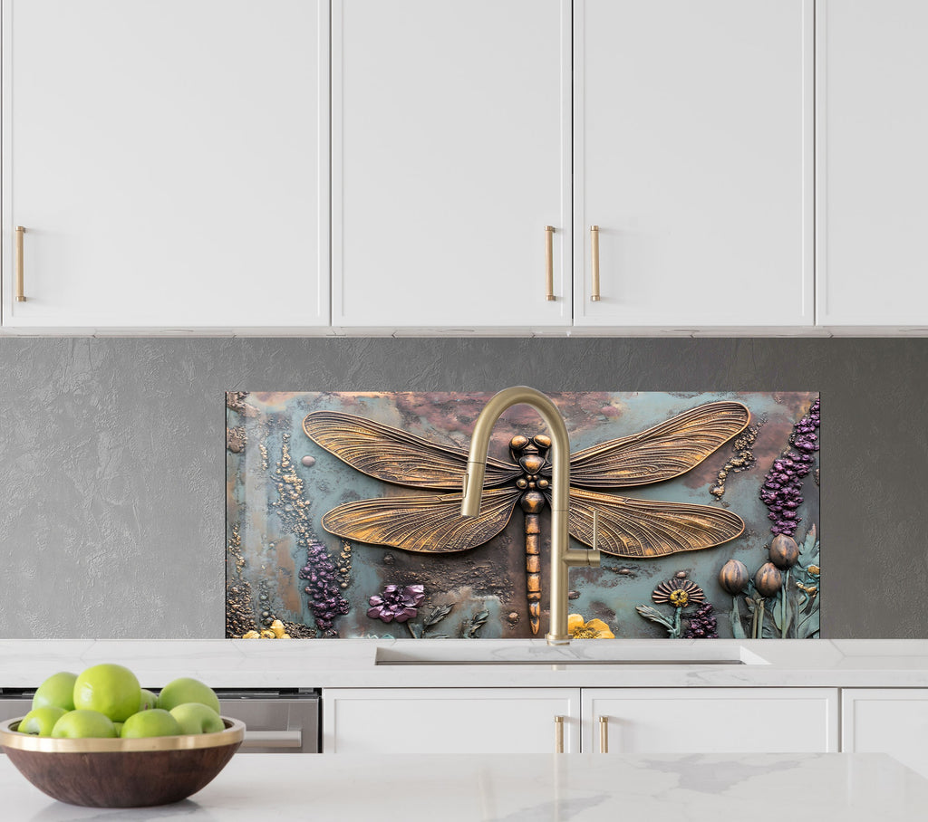 Dragonfly - Tempered Glass Kitchen Backsplash-BacksplashArtworks