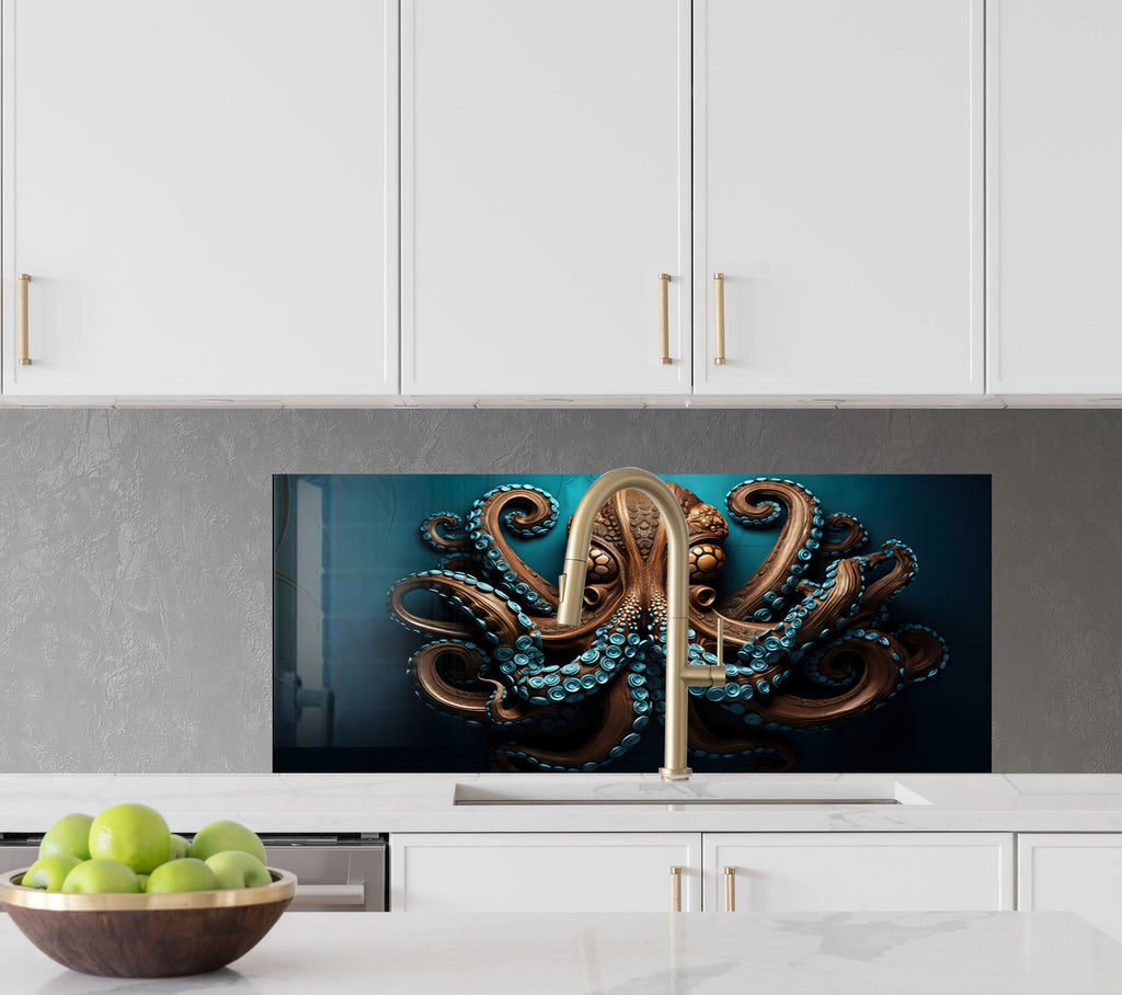 Majestic Octopus - Tempered Glass Kitchen Backsplash-BacksplashArtworks
