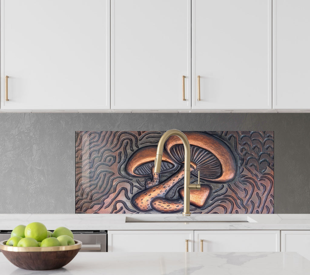 Bronze Mushroom Elegance - Glass Kitchen Backsplash-BacksplashArtworks