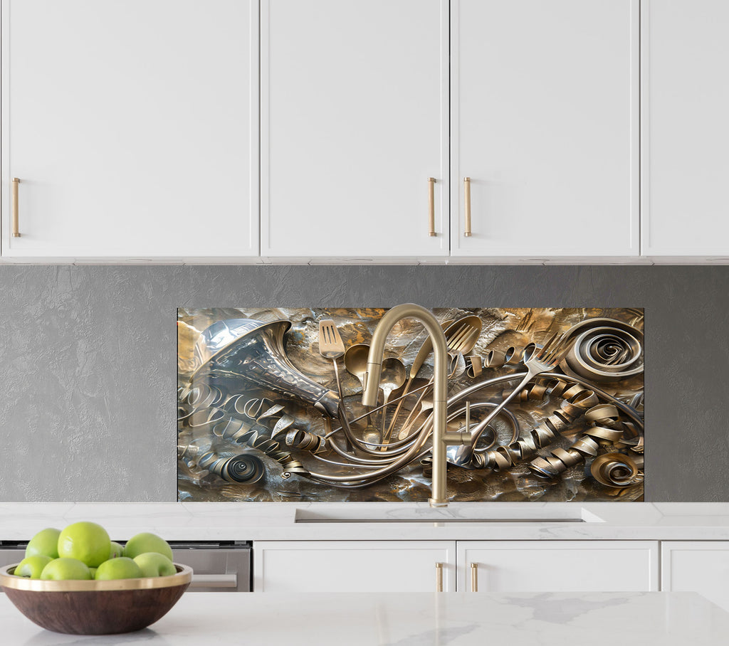 Golden Utensil Symphony - Glass Kitchen Backsplash-BacksplashArtworks