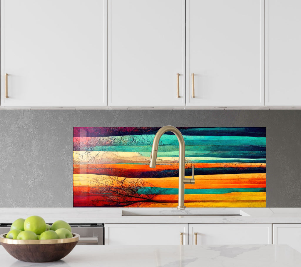 Vibrant Abstract Landscape Wall Art - Tempered Glass Kitchen Backsplash-BacksplashArtworks