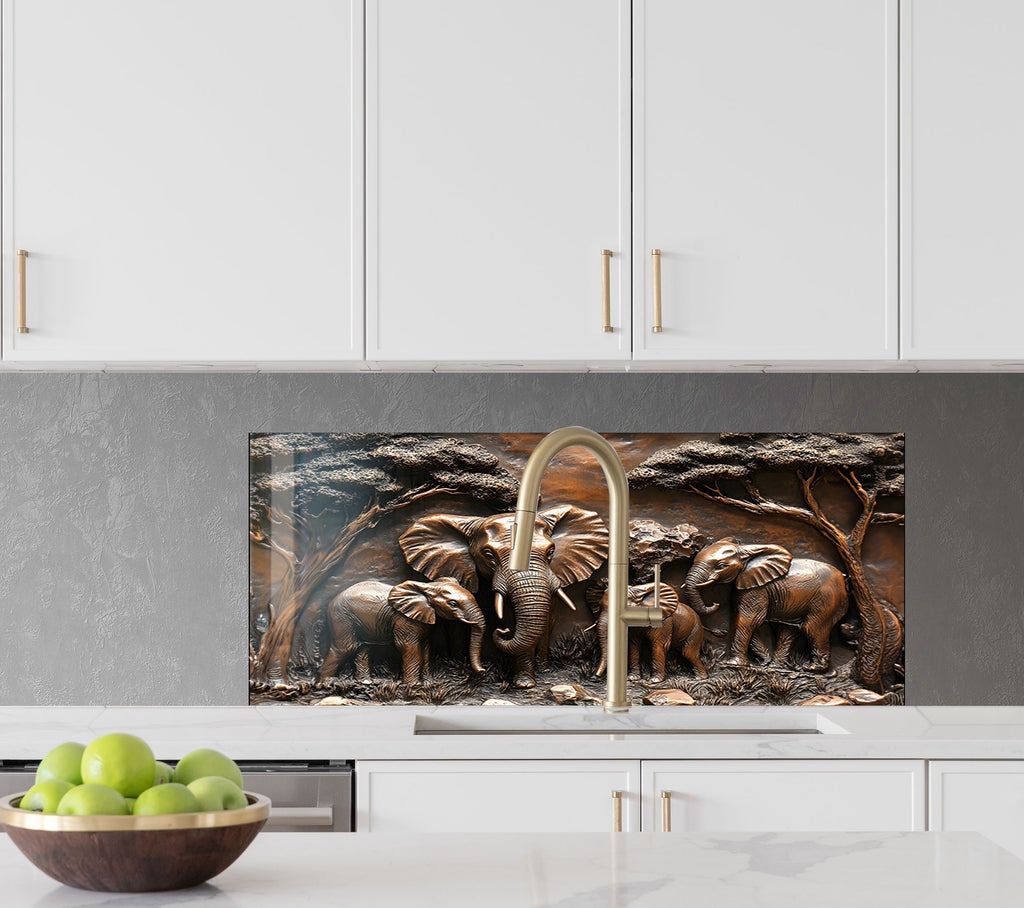 Majestic Elephant Family - Glass Kitchen Backsplash-BacksplashArtworks