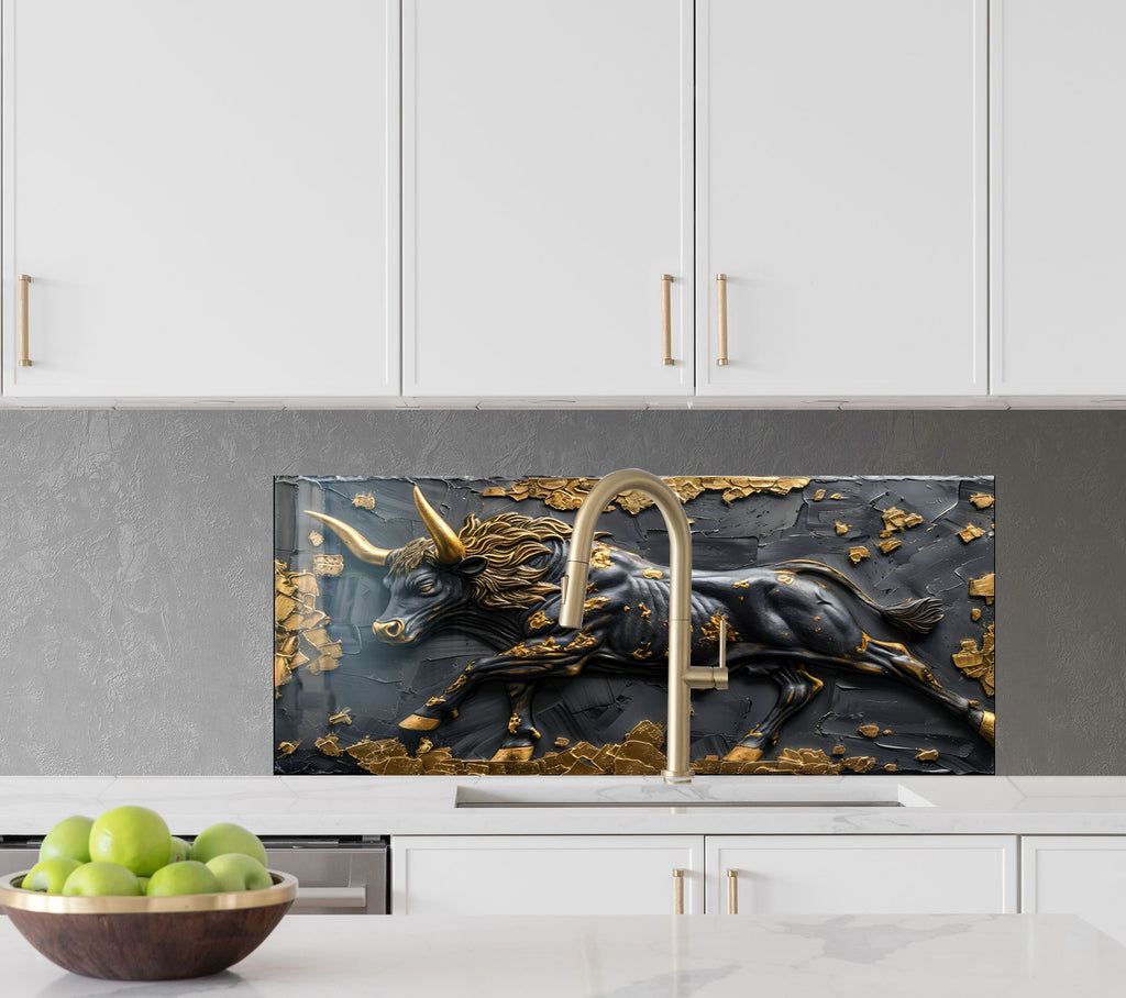 Golden Bull - Tempered Glass Kitchen Backsplash-BacksplashArtworks