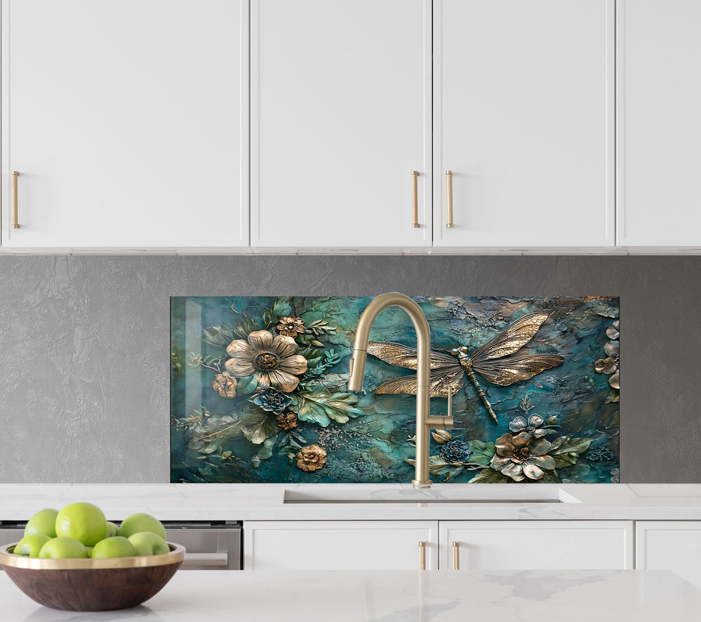 Golden Blue Dragonfly - Glass Kitchen Backsplash-BacksplashArtworks