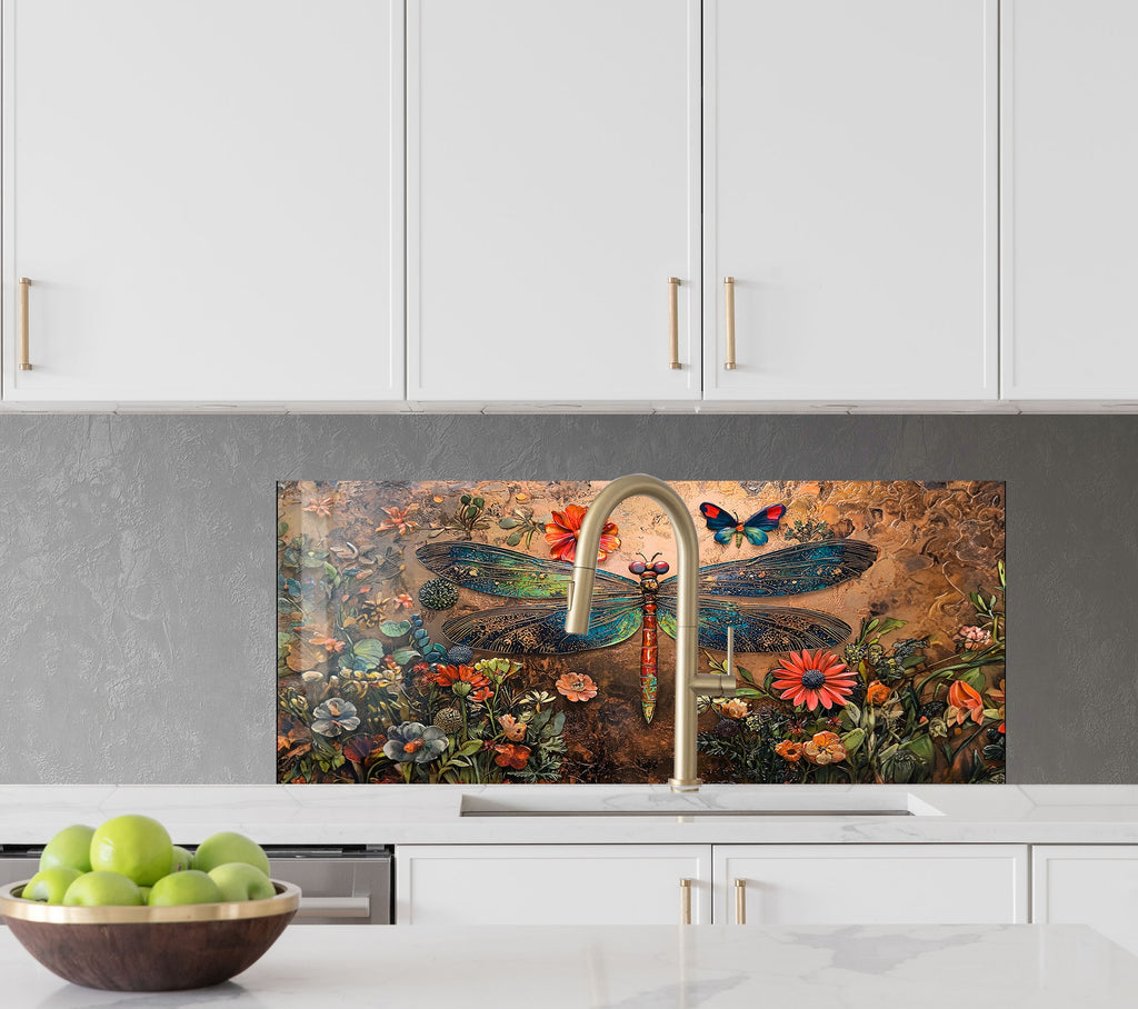 Vibrant Dragonfly - Tempered Glass Kitchen Backsplash-BacksplashArtworks