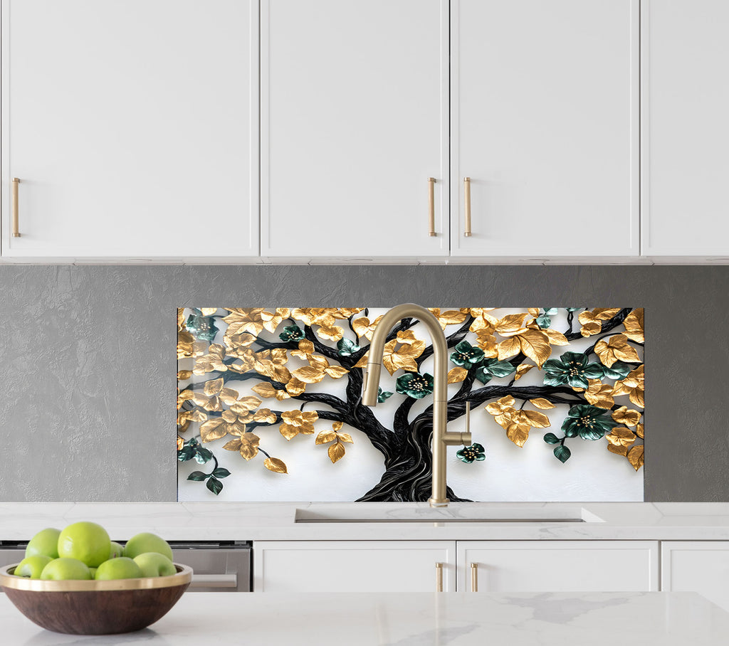 Golden & Brown Tree of Life - Glass Kitchen Backsplash-BacksplashArtworks