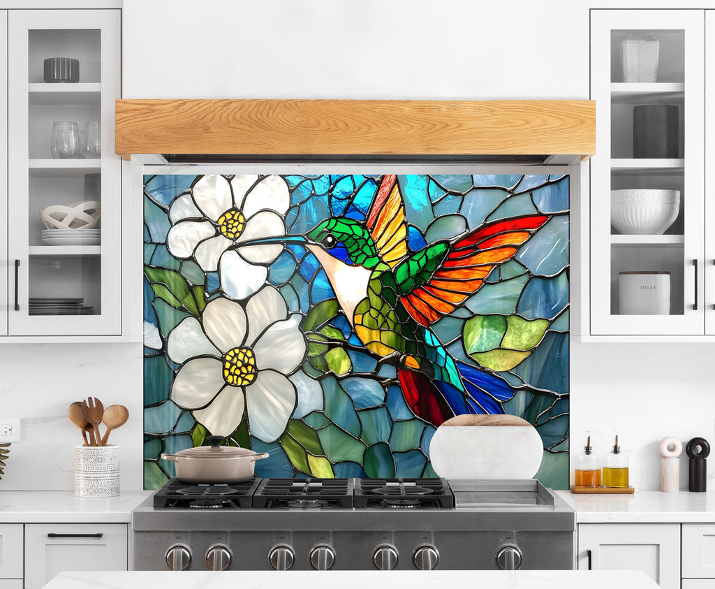 Stained Glass Hummingbird - Tempered Glass Kitchen Backsplash-BacksplashArtworks