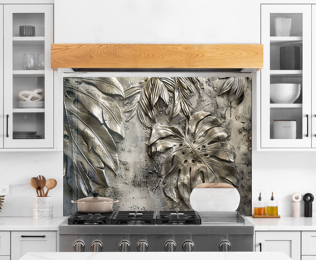 Silver Monstera Leaf - Glass Kitchen Backsplash-BacksplashArtworks