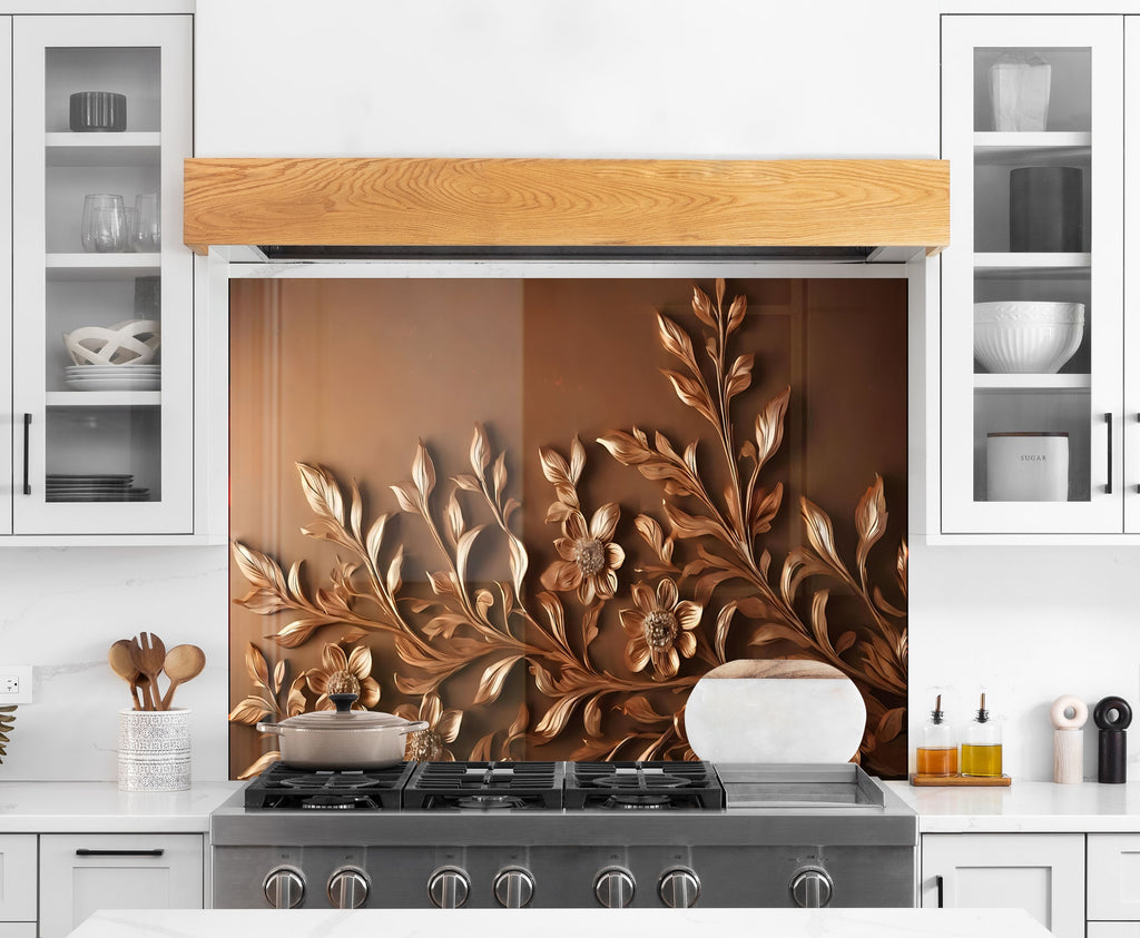 Bronze Floral Embossed - Glass Kitchen Backsplash-BacksplashArtworks