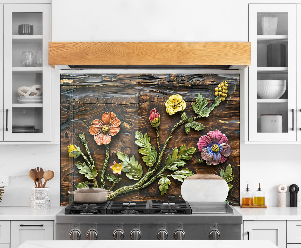 Rustic Botanical Wood Art - Glass Kitchen Backsplash-BacksplashArtworks