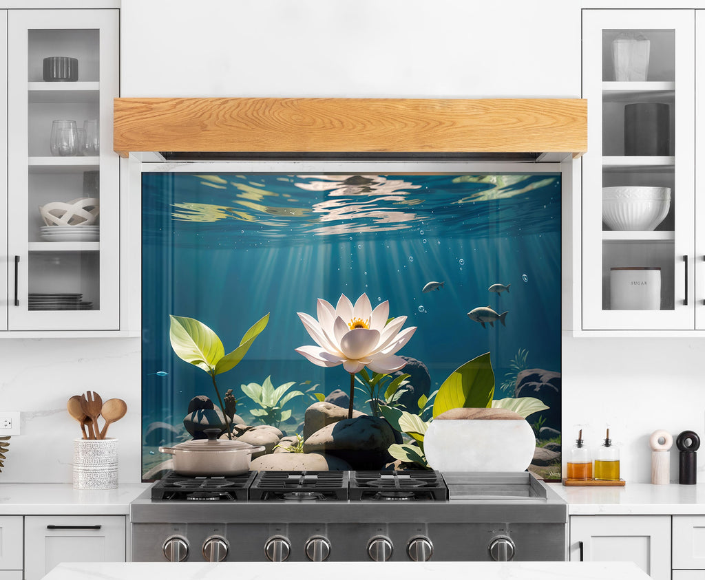 Tranquil Lotus Pond - Glass Kitchen Backsplash-BacksplashArtworks