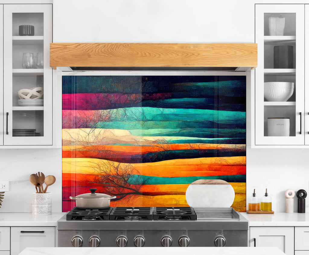 Vibrant Abstract Landscape Wall Art - Tempered Glass Kitchen Backsplash-BacksplashArtworks