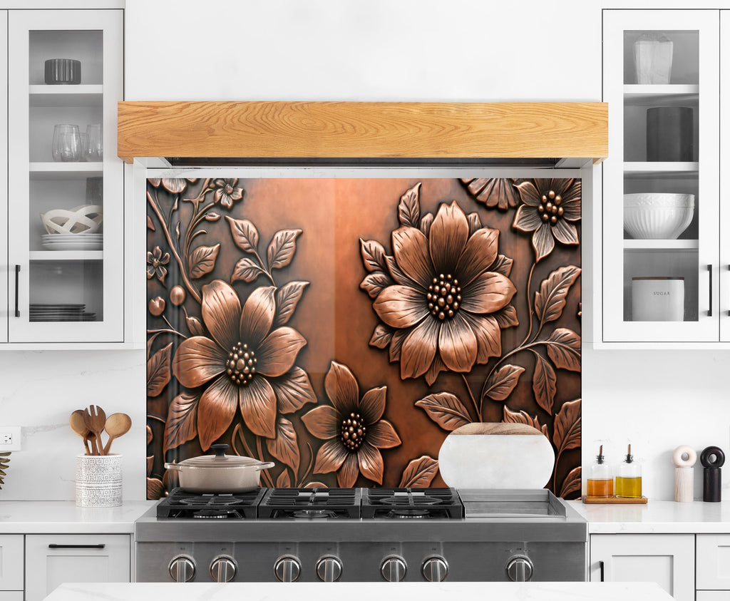 Antique Copper Floral - Glass Kitchen Backsplash-BacksplashArtworks
