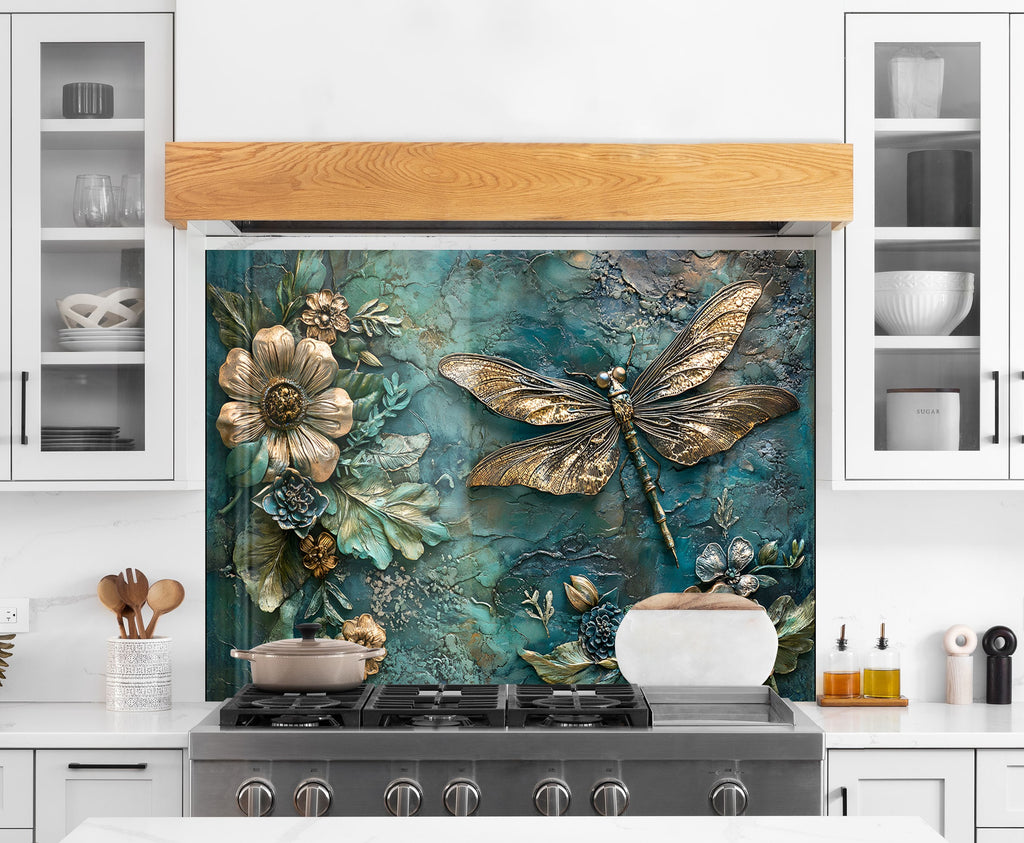 Golden Blue Dragonfly - Glass Kitchen Backsplash-BacksplashArtworks