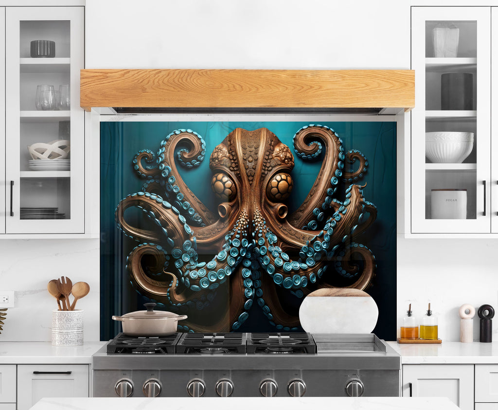 Majestic Octopus - Tempered Glass Kitchen Backsplash-BacksplashArtworks