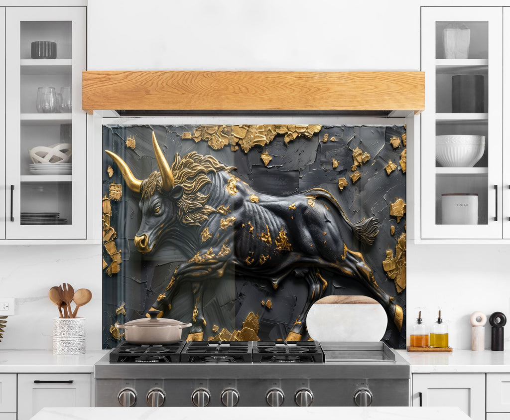 Golden Bull - Tempered Glass Kitchen Backsplash-BacksplashArtworks