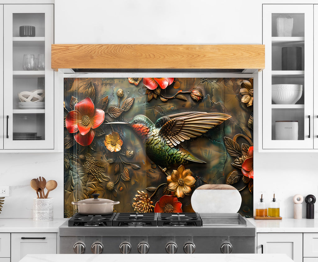 Hummingbird & Flowers - Glass Kitchen Backsplash-BacksplashArtworks