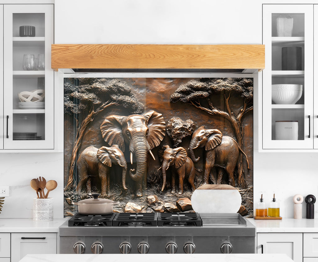 Majestic Elephant Family - Glass Kitchen Backsplash-BacksplashArtworks