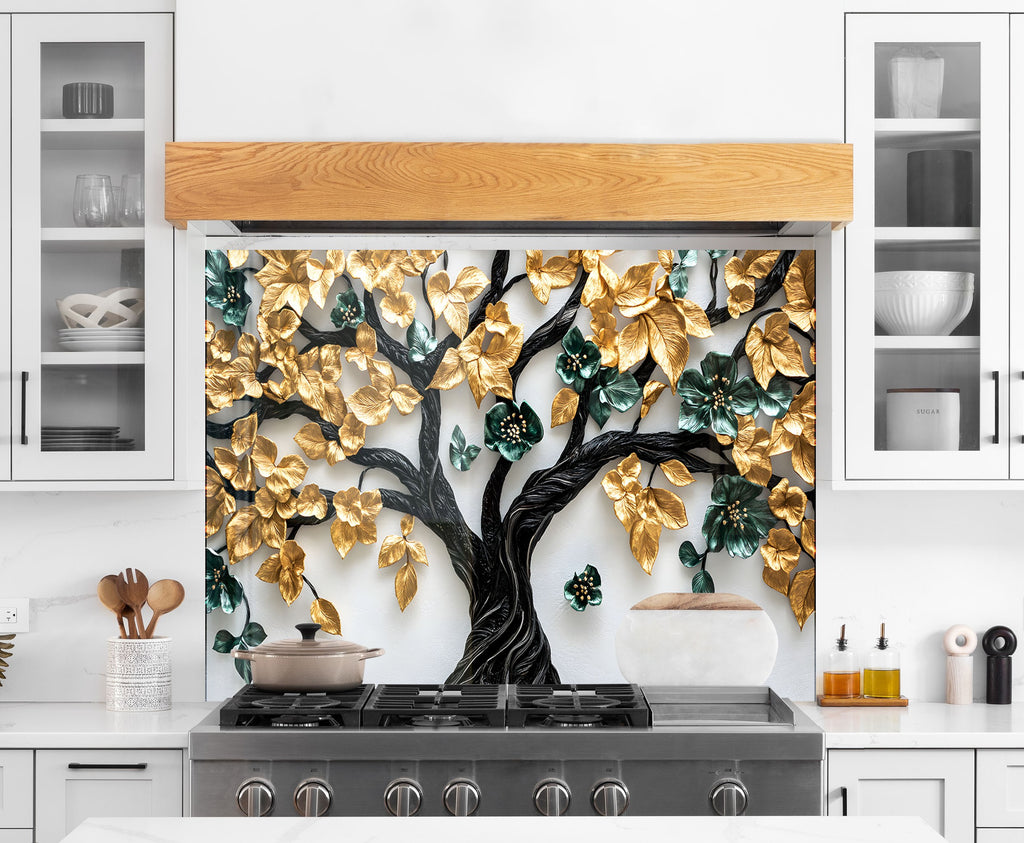 Golden & Brown Tree of Life - Glass Kitchen Backsplash-BacksplashArtworks
