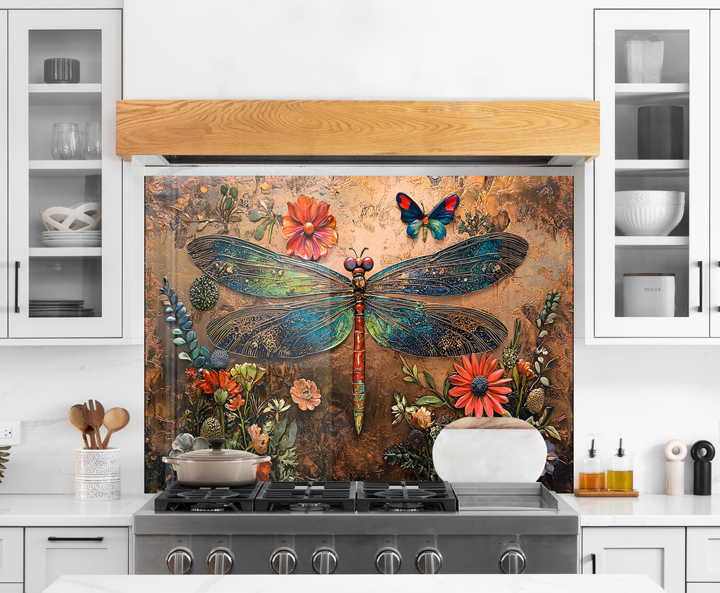 Vibrant Dragonfly - Tempered Glass Kitchen Backsplash-BacksplashArtworks