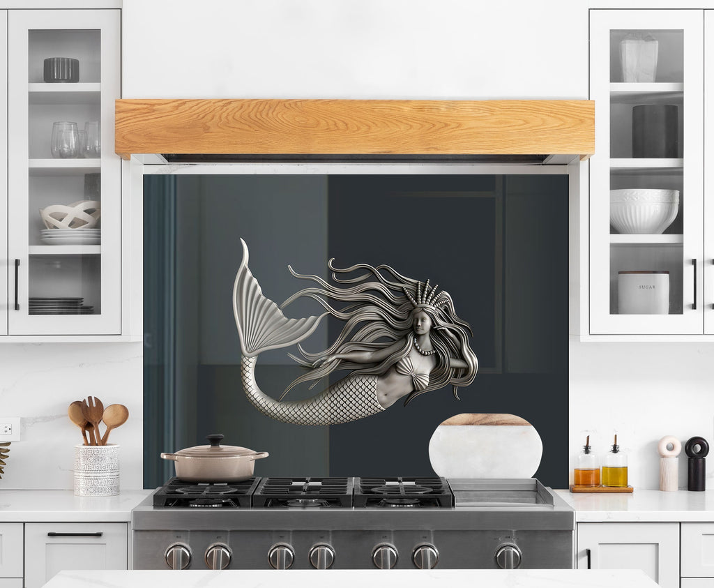 Silver Mermaid - Glass Kitchen Backsplash-BacksplashArtworks