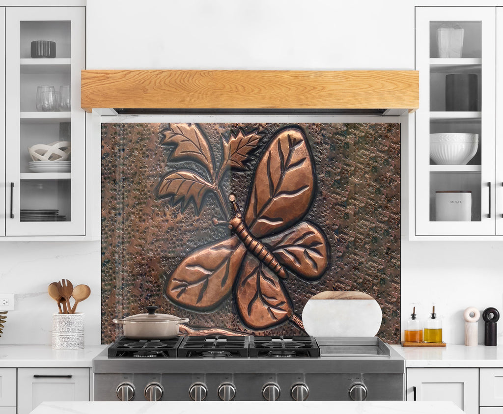 Rustic Copper Butterfly - Glass Kitchen Backsplash-BacksplashArtworks