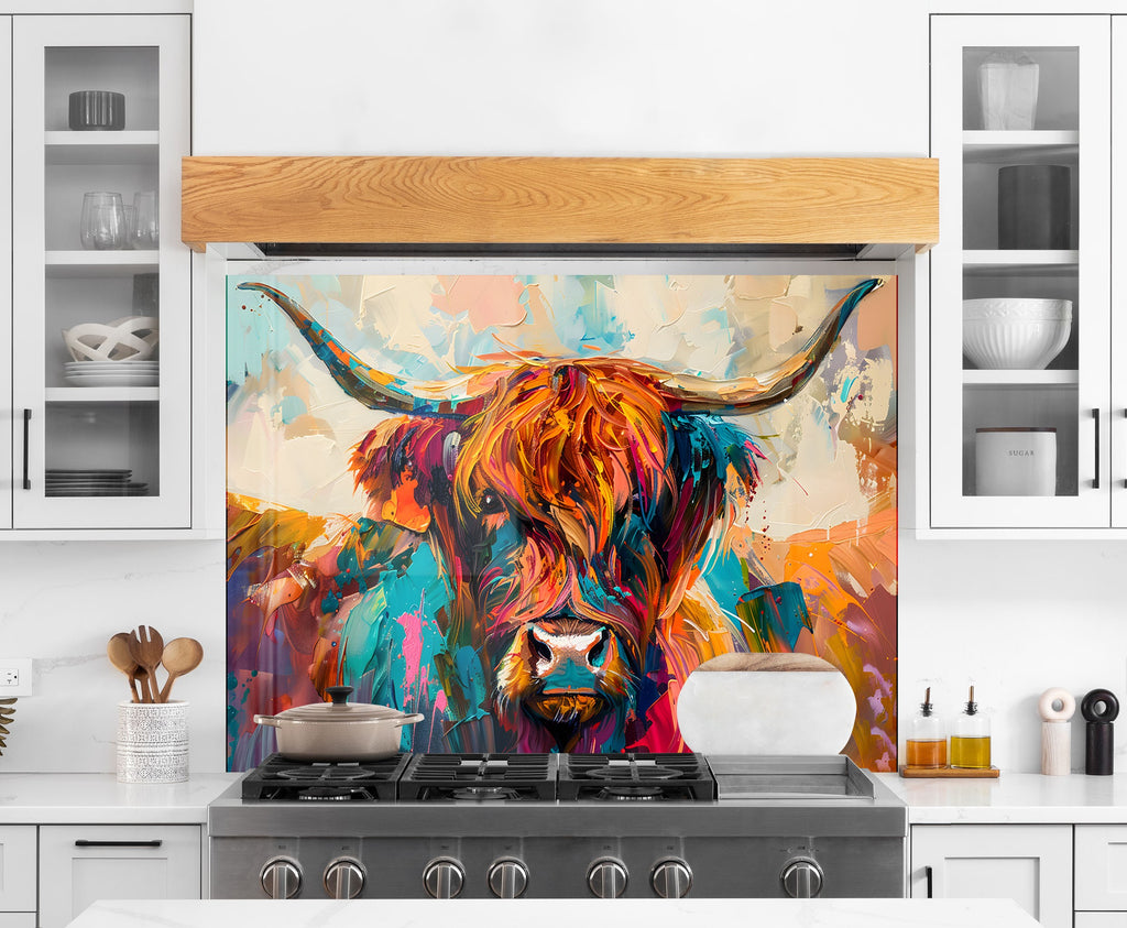 Vibrant Highland Cow - Tempered Glass Kitchen Backsplash-BacksplashArtworks
