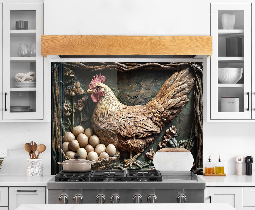 Rustic Farmhouse Hen - Glass Kitchen Backsplash-BacksplashArtworks
