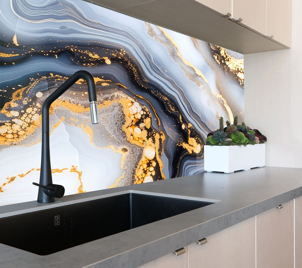 Blue & Gold Marble Swirl - Glass Kitchen Backsplash-BacksplashArtworks