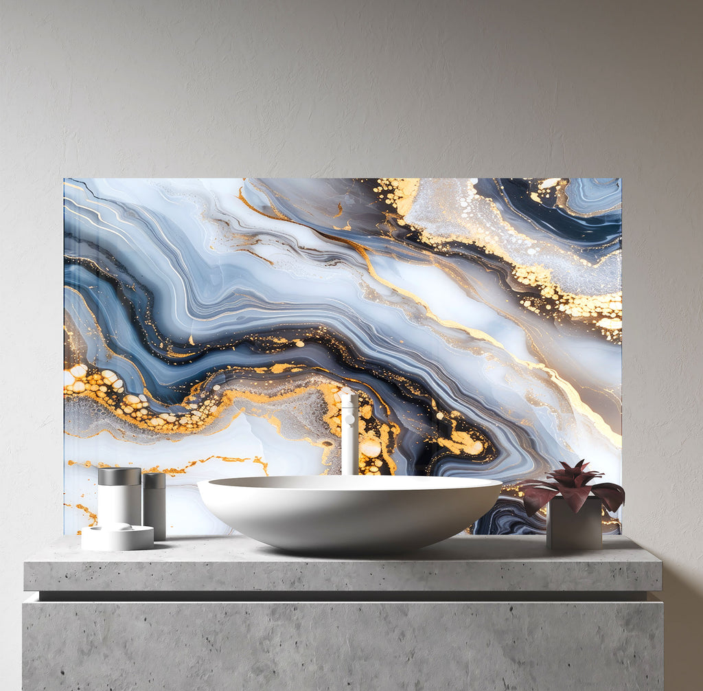 Blue & Gold Marble Swirl - Glass Kitchen Backsplash-BacksplashArtworks