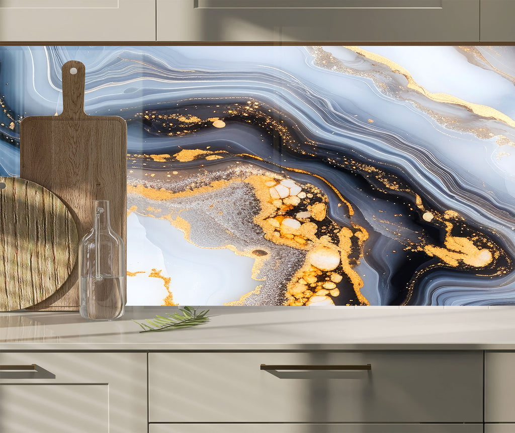 Blue & Gold Marble Swirl - Glass Kitchen Backsplash-BacksplashArtworks