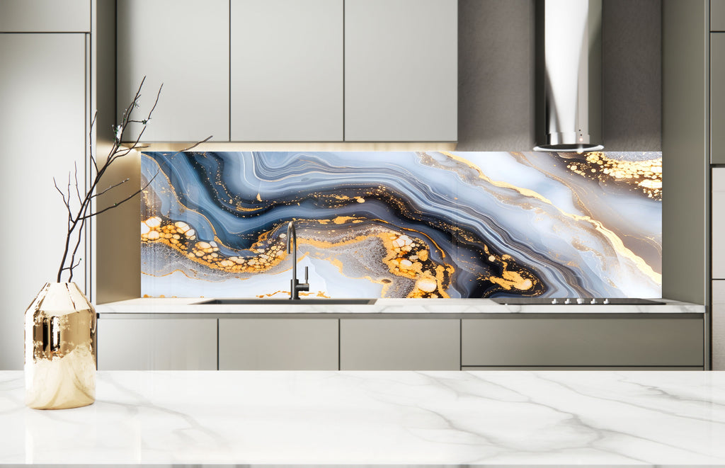 Blue & Gold Marble Swirl - Glass Kitchen Backsplash-BacksplashArtworks