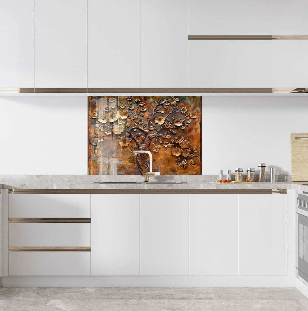Bronze Blossom - Glass Kitchen Backsplash-BacksplashArtworks