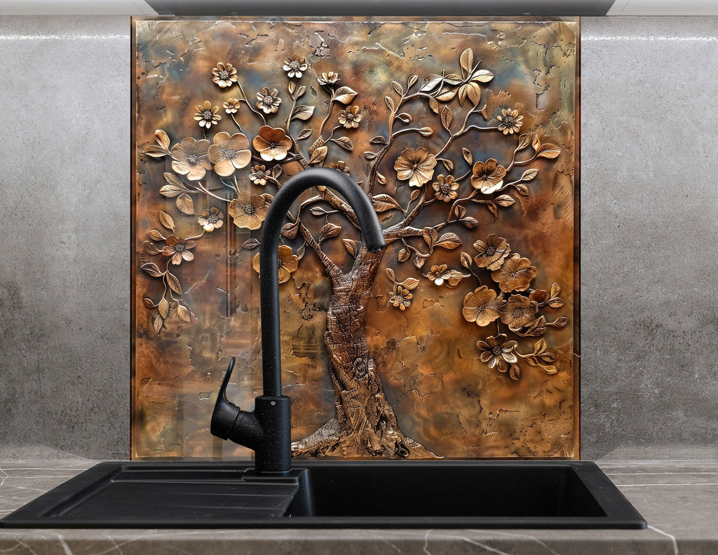Bronze Blossom - Glass Kitchen Backsplash-BacksplashArtworks