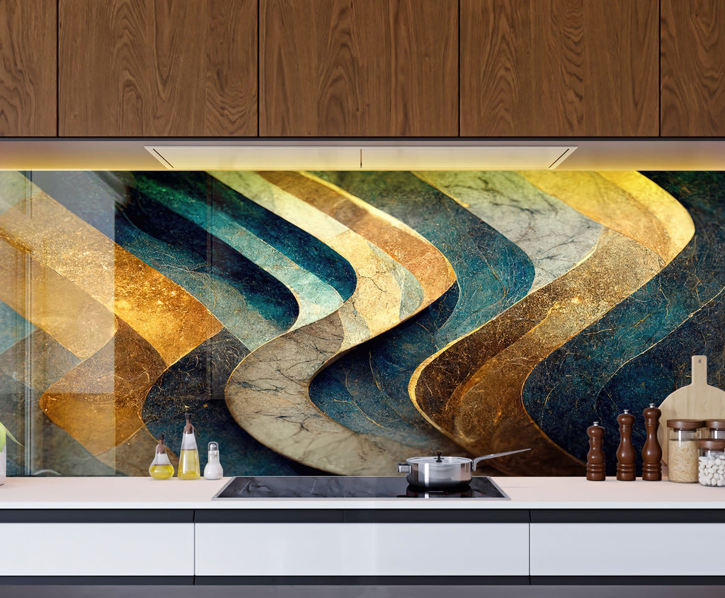 Elegant Navy & Gold - Glass Kitchen Backsplash-BacksplashArtworks