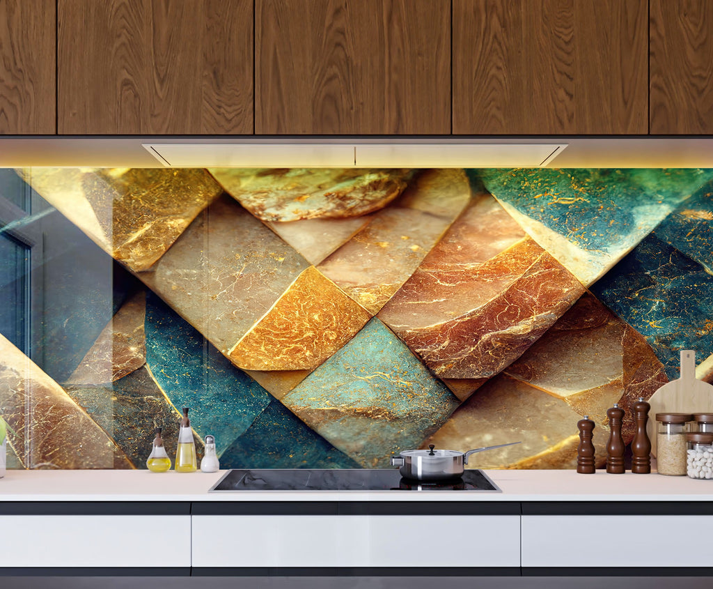 Golden Marble Elegance – Luxurious - Glass Kitchen Backsplash-BacksplashArtworks