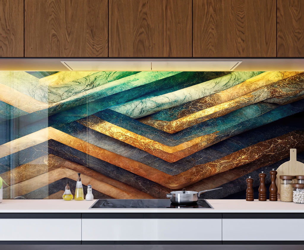 Golden Flow – Luxurious - Glass Kitchen Backsplash-BacksplashArtworks