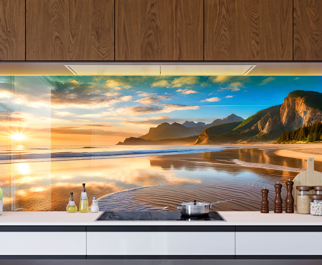 Majestic Mountain Beach Sunset Wall Art – Tempered Glass Kitchen Backsplash-BacksplashArtworks