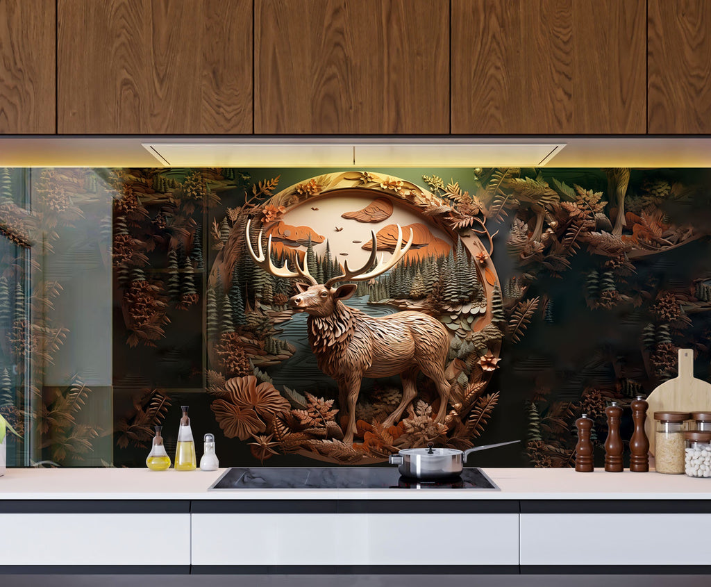 Deer Forest - Tempered Glass Kitchen Backsplash-BacksplashArtworks