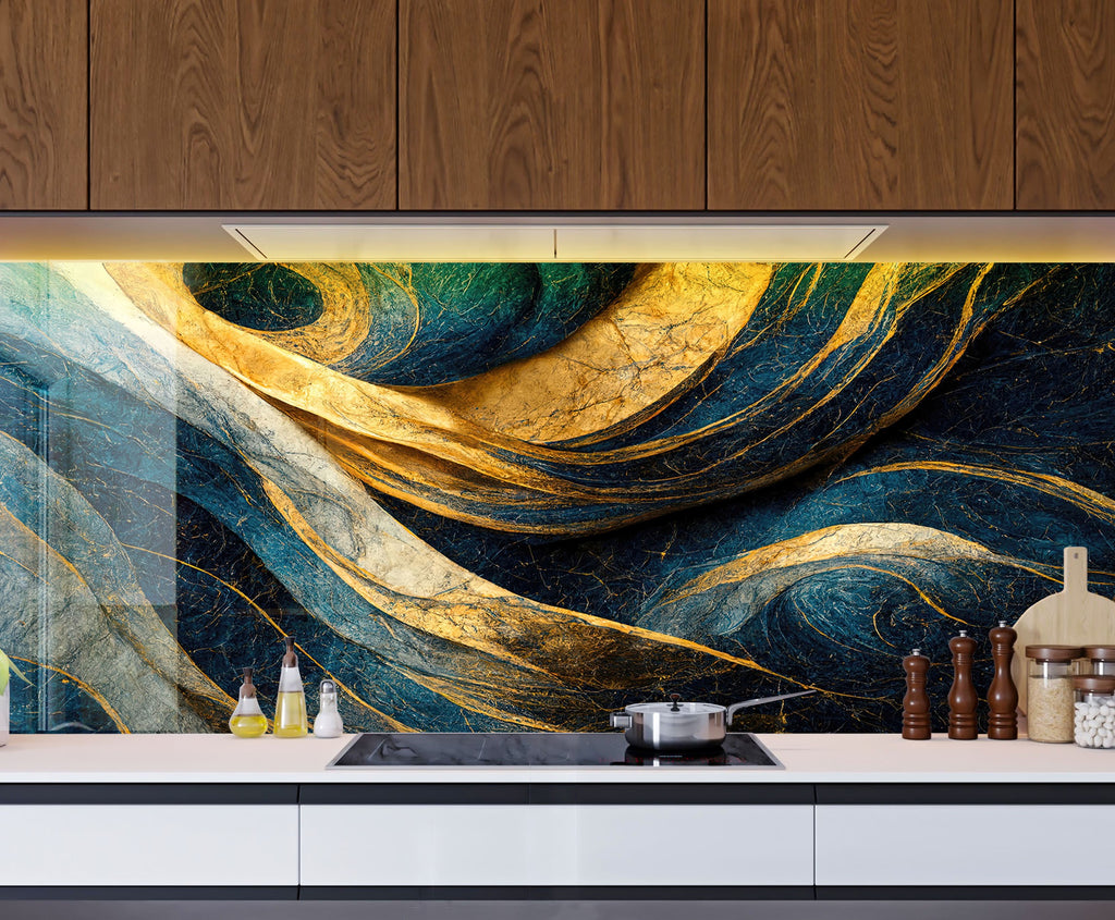 Navy & Gold Swirl - Glass Kitchen Backsplash-BacksplashArtworks