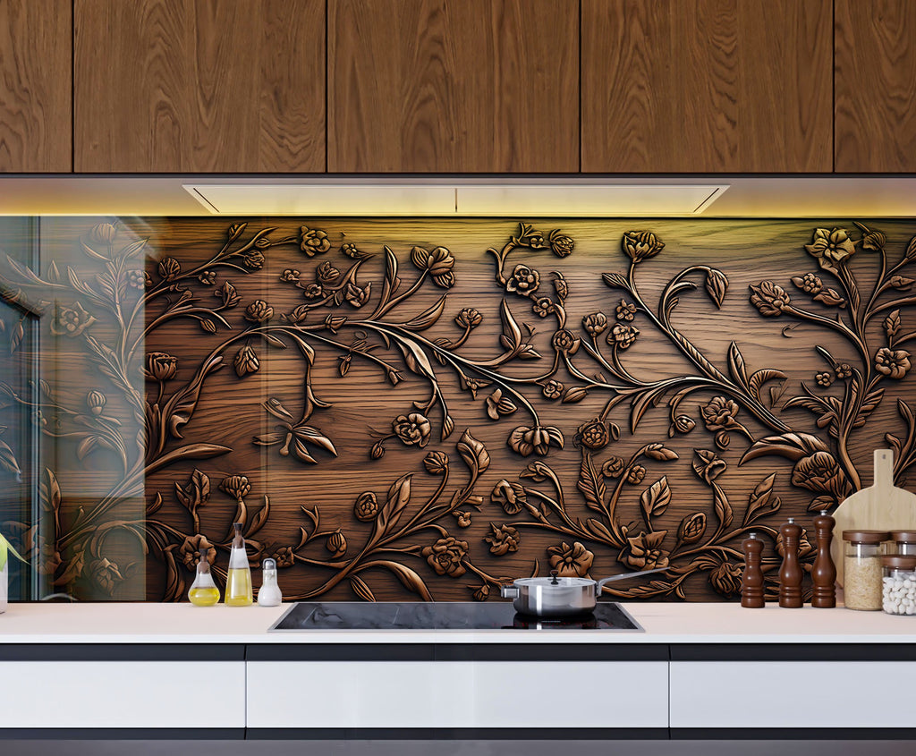 Rustic Elegance: Engraved Floral - Glass Kitchen Backsplash-BacksplashArtworks