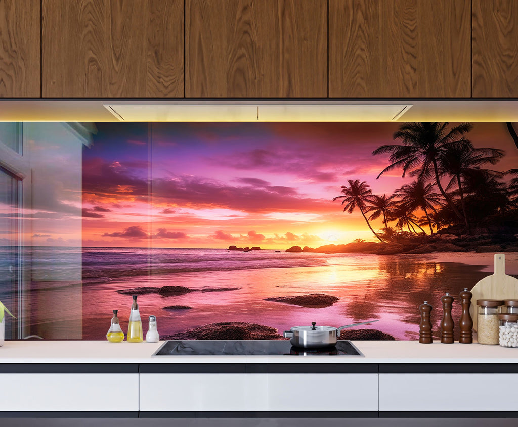 Tropical Sunset Beach Wall Art – Tempered Glass Kitchen Backsplash-BacksplashArtworks