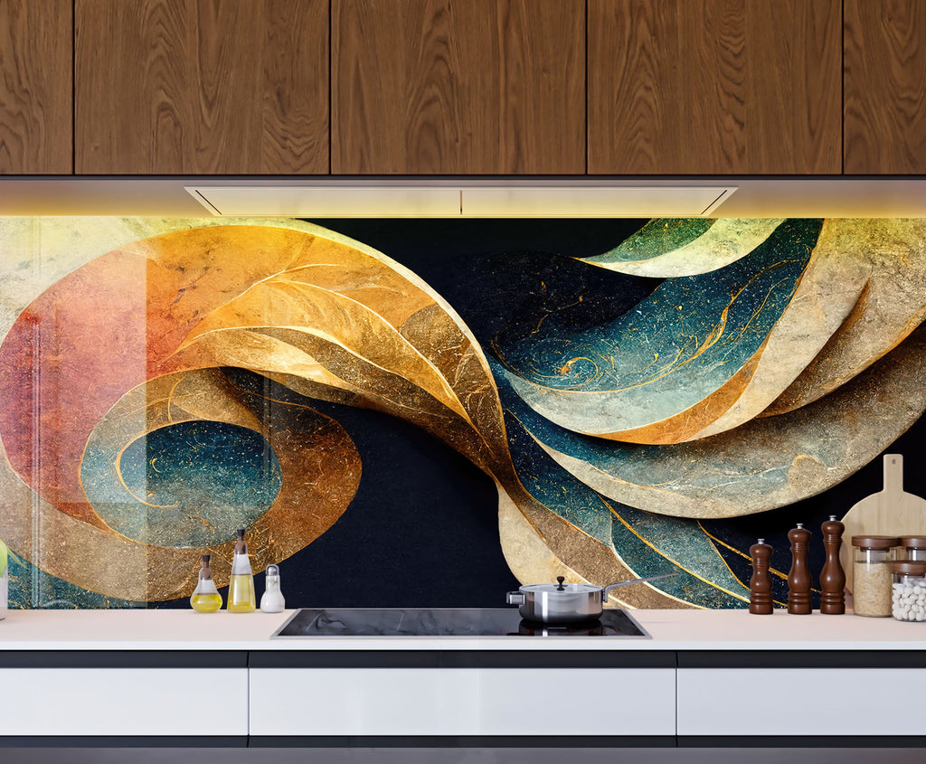 Abstract Gold & Blue - Glass Kitchen Backsplash-BacksplashArtworks