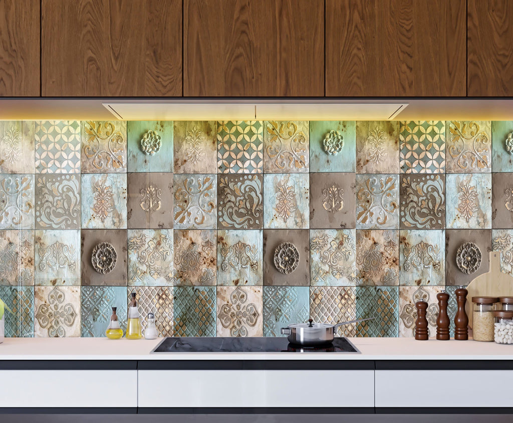 Tempered Glass Kitchen Backsplash with Vintage Tile Design and Gas Stove-BacksplashArtworks